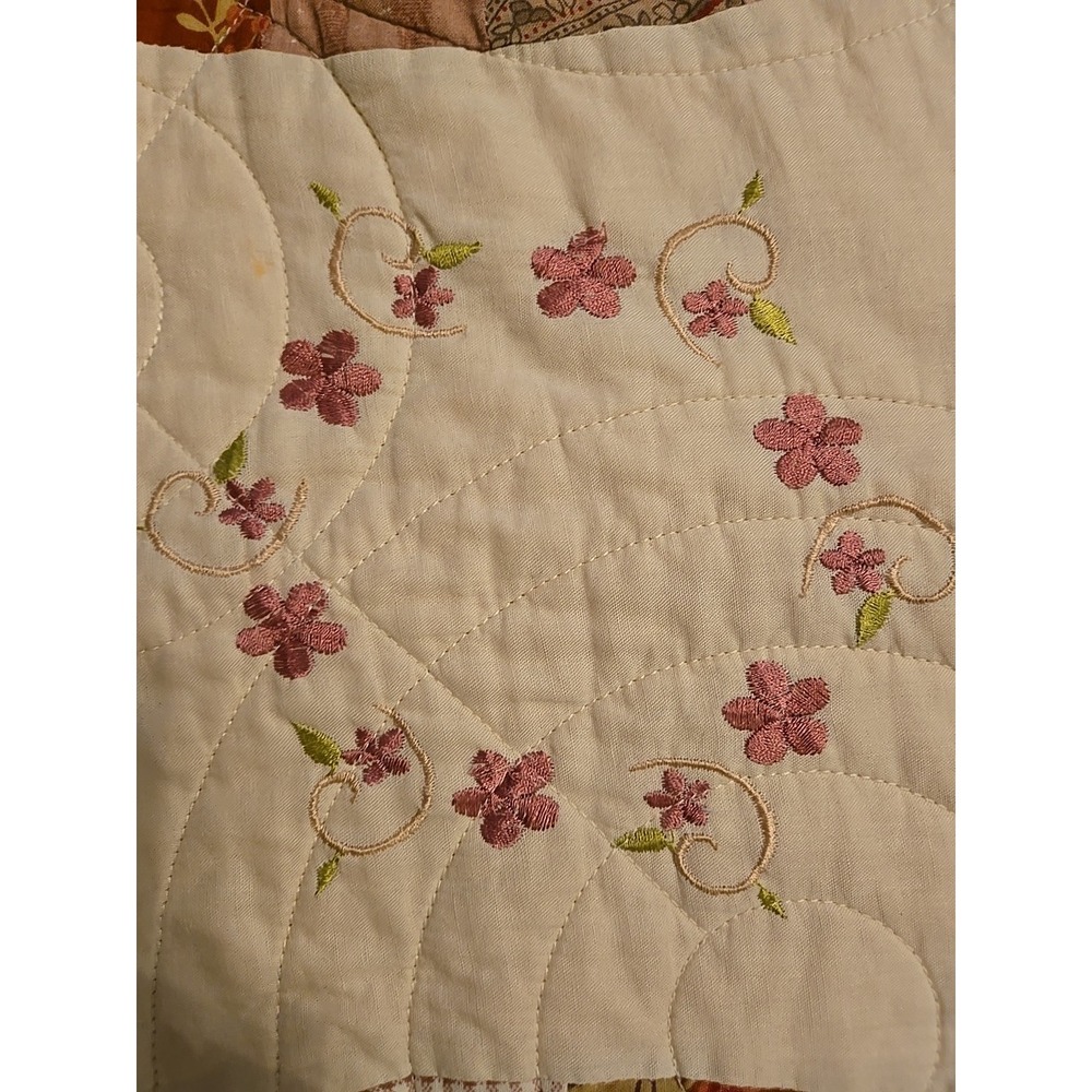Vintage Double Wedding Ring Quilt Burgundy Red Floral 83 X 68 Handmade Embroider - Picture 9 of 12
